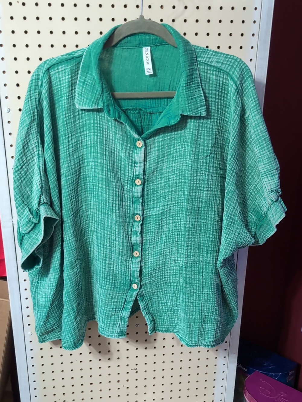 Zenana Green Crinkle Button-Up Top